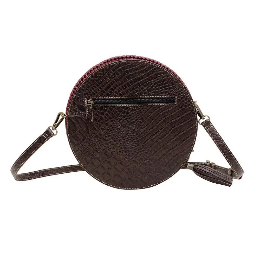 Myra Bag Handmade Coffee Round Bag Upcycled Canvas & Cowhide Leather - Picture 3 of 7
